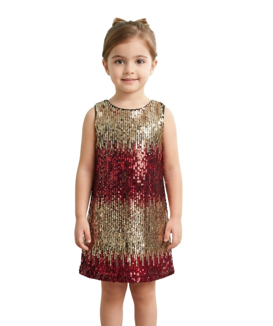 Girls Gold & Maroon Sequin Sleeveless Dress