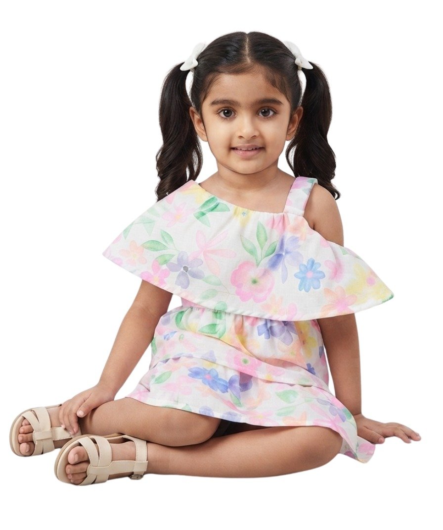Girls White Multicolor Floral Print One-Shoulder dress - Image 5