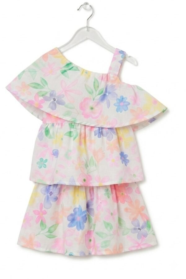 Girls White Multicolor Floral Print One-Shoulder dress