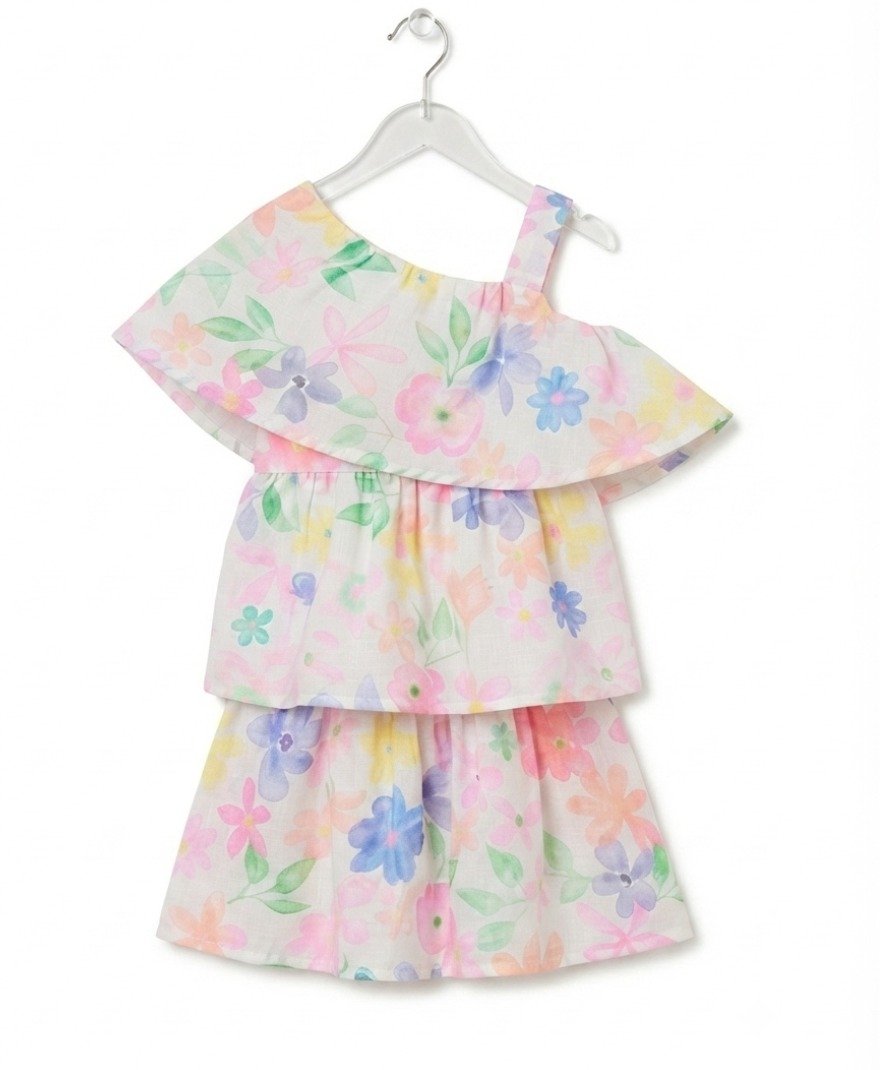 Girls White Multicolor Floral Print One-Shoulder dress - Image 2
