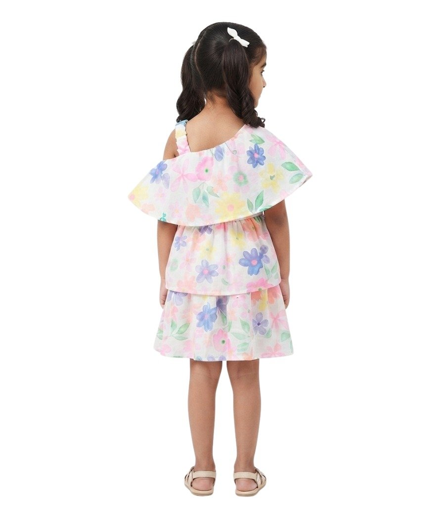 Girls White Multicolor Floral Print One-Shoulder dress - Image 3