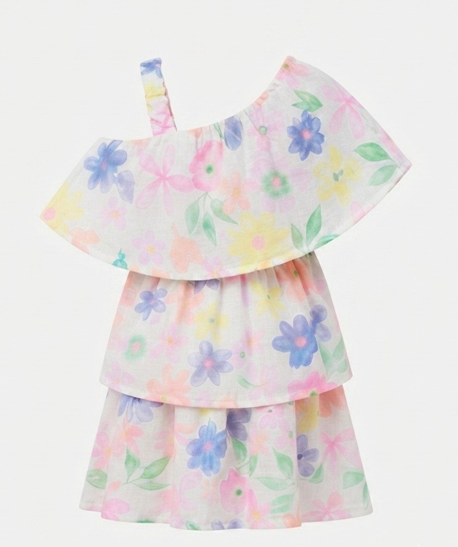 Girls White Multicolor Floral Print One-Shoulder dress - Image 4