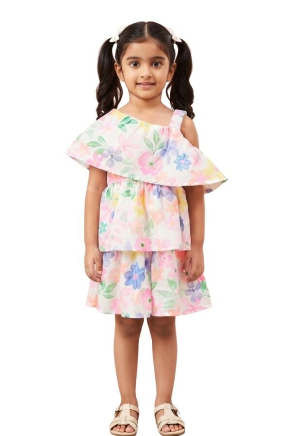 Girls White Multicolor Floral Print One-Shoulder dress