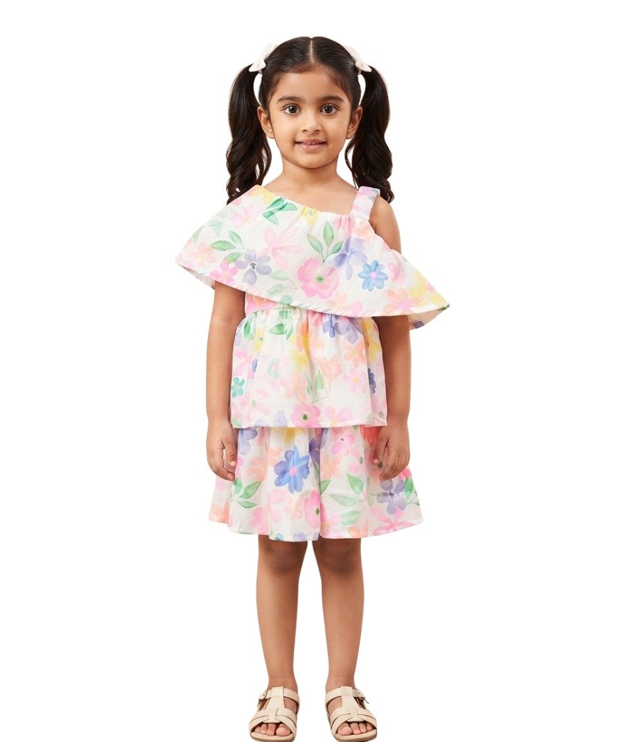 Girls White Multicolor Floral Print One-Shoulder dress