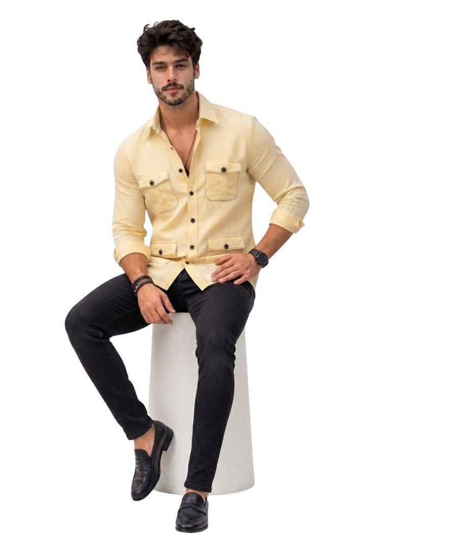 Men's Cream Solid Shirt - Image 2
