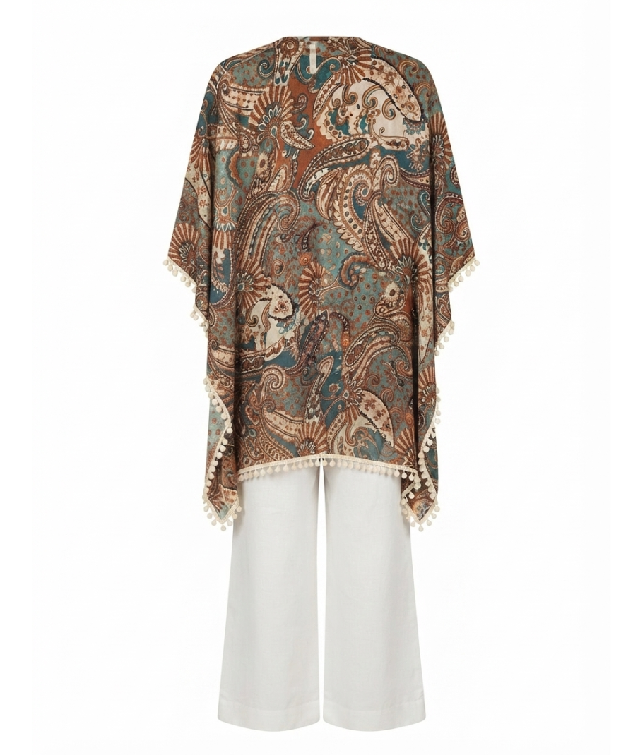 Teal Blue & Brown Paisley Print Kaftan Tunic with V-Neck, Batwing Sleeves & Pom-Pom Trim - Image 3