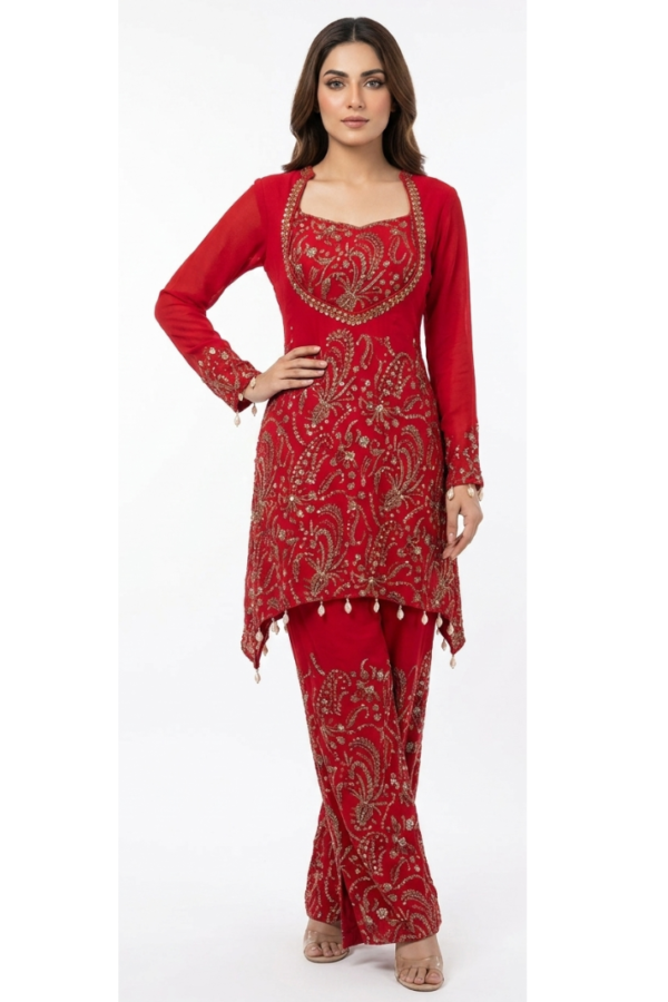 Red Embroidered Kurta Pant Set with Ornate Paisley Detailing, Long Sleeves & Decorative Hem