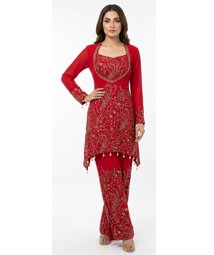 Red Embroidered Kurta Pant Set with Ornate Paisley Detailing, Long Sleeves & Decorative Hem
