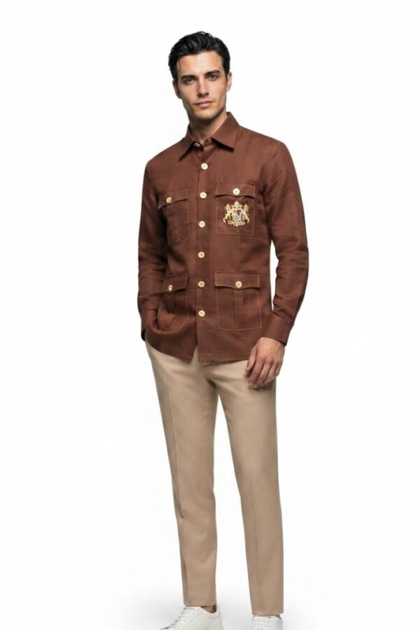 Men's Brown Solid Utility Overshirt with Embroidered Pocket Detail, Full Sleeves & Classic Collar