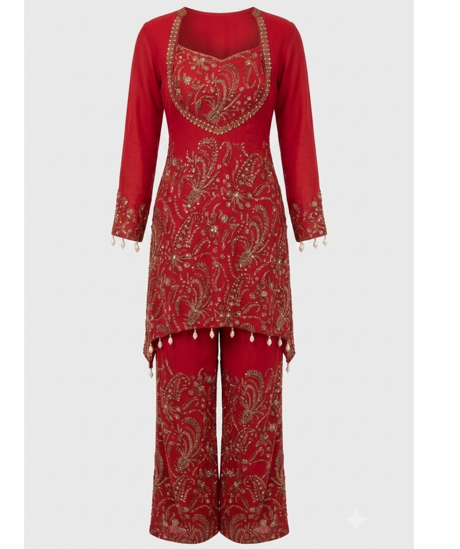 Red Embroidered Kurta Pant Set with Ornate Paisley Detailing, Long Sleeves & Decorative Hem - Image 3