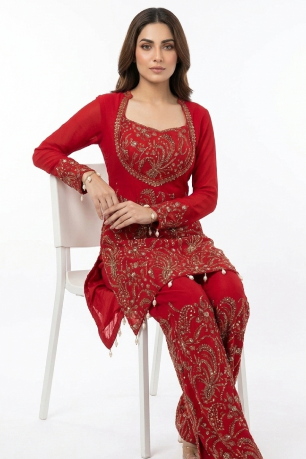 Red Embroidered Kurta Pant Set with Ornate Paisley Detailing, Long Sleeves & Decorative Hem