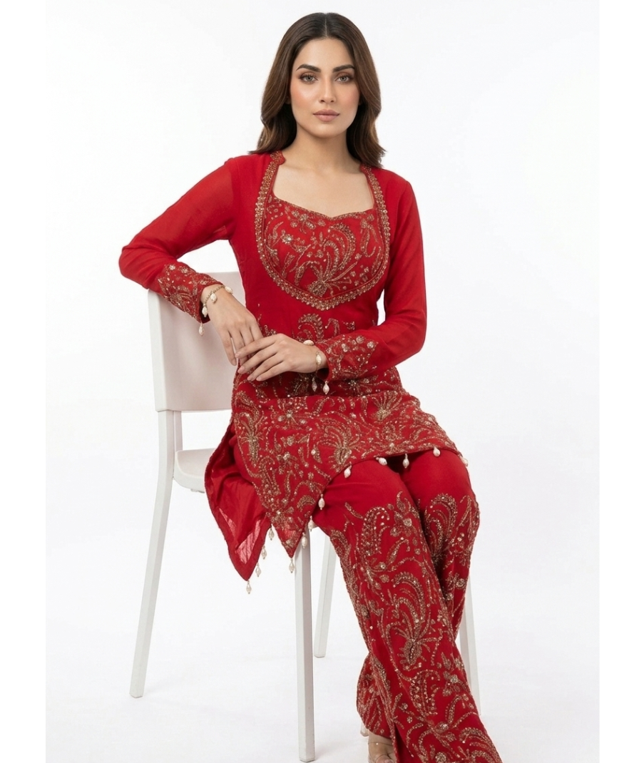 Red Embroidered Kurta Pant Set with Ornate Paisley Detailing, Long Sleeves & Decorative Hem - Image 2