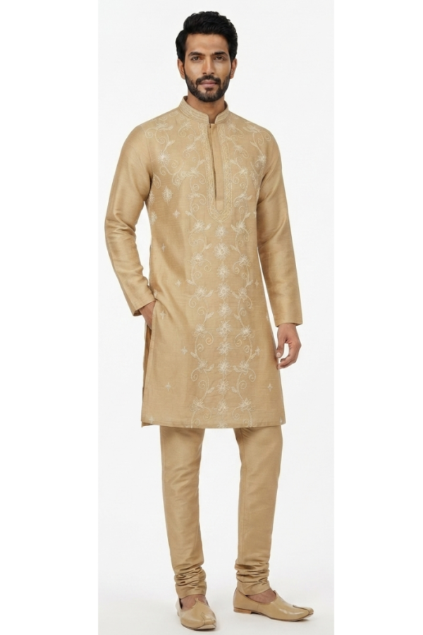 Men's Beige Floral Embroidered Kurta with Trousers – Full Sleeve Traditional Ethnic Set with Mandarin Collar