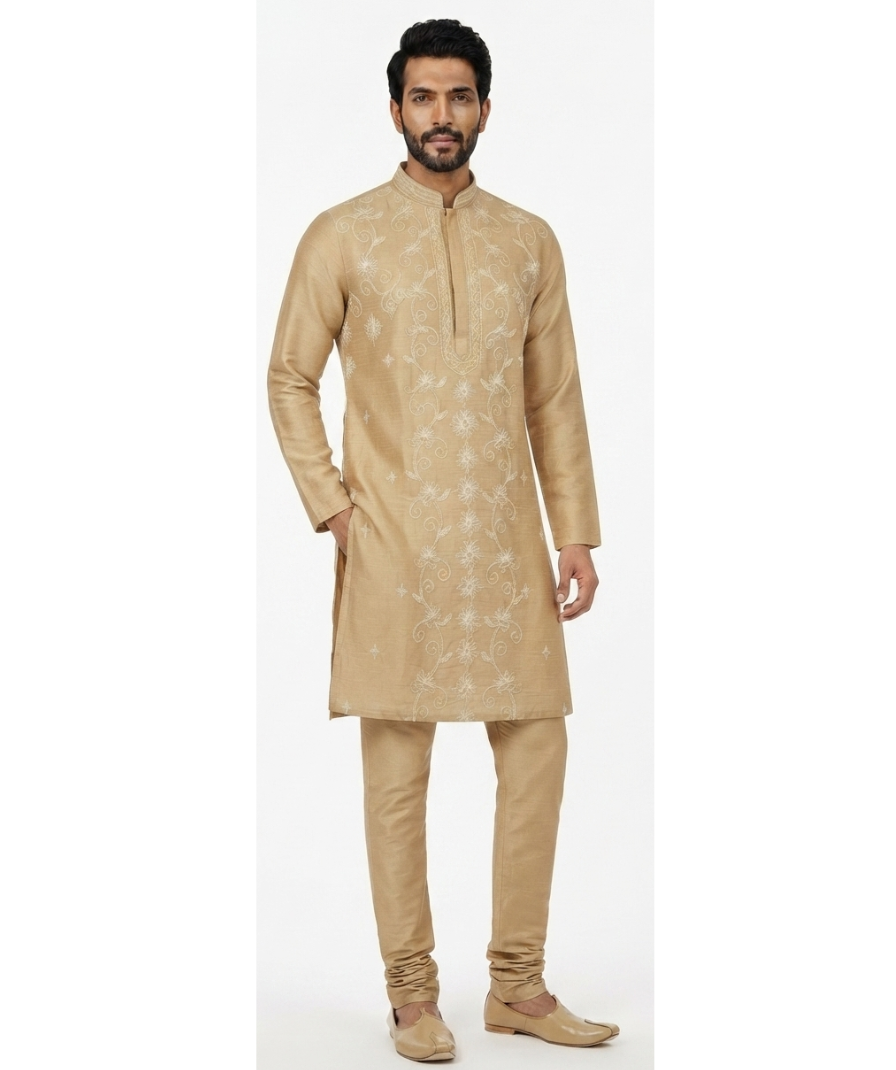 Men's Beige Floral Embroidered Kurta with Trousers – Full Sleeve Traditional Ethnic Set with Mandarin Collar