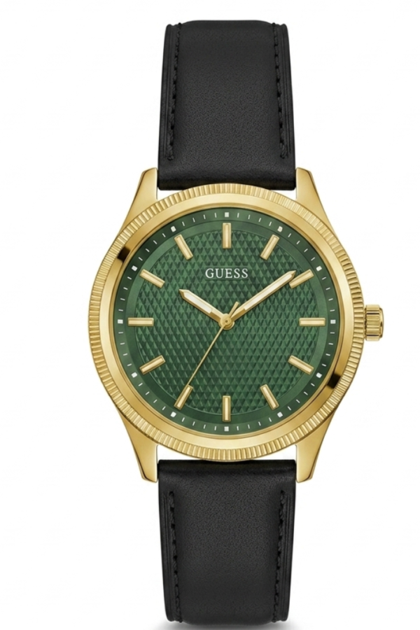 GUESS Gold-Tone Green Geometric Dial Analog Watch with Black Strap