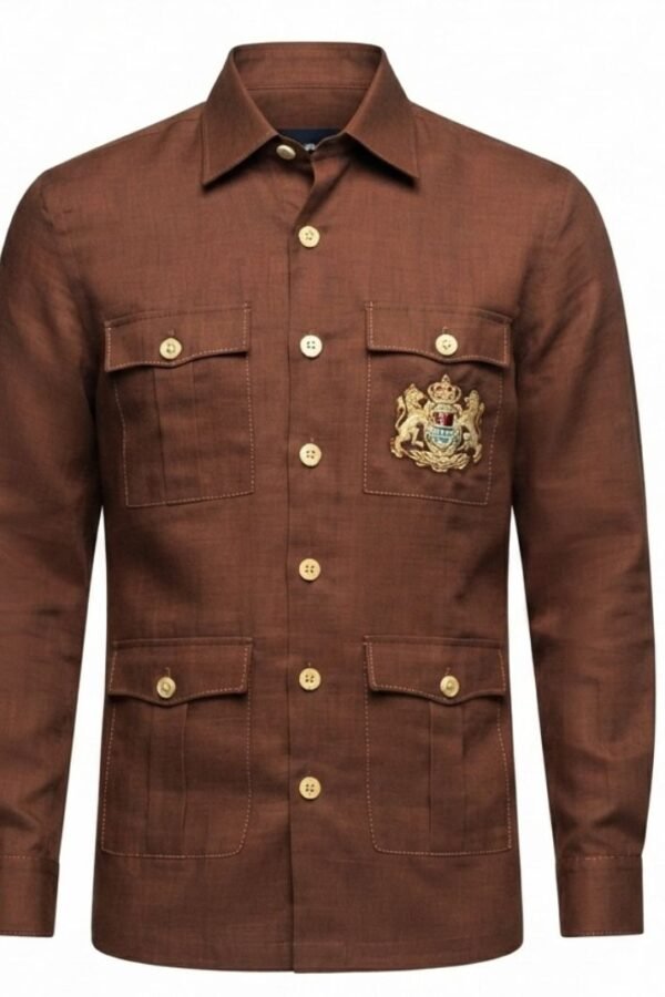 Men's Brown Solid Utility Overshirt with Embroidered Pocket Detail, Full Sleeves & Classic Collar