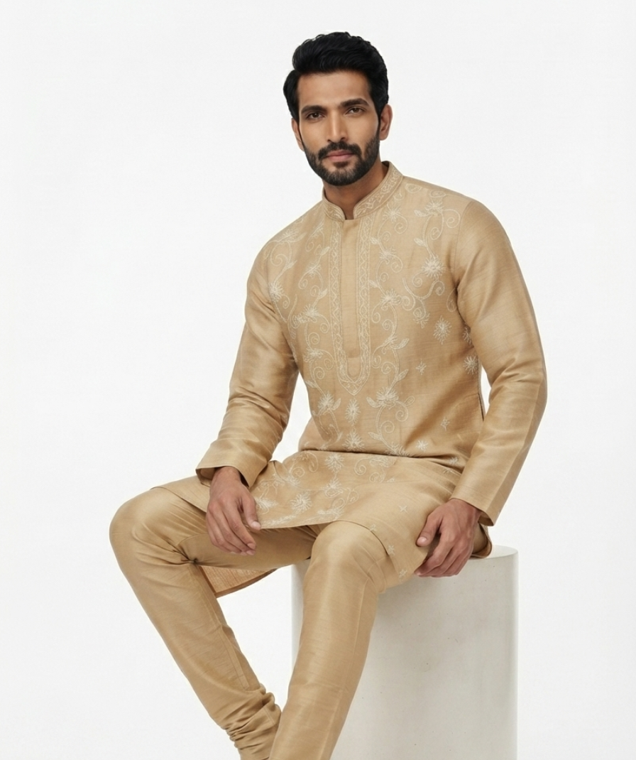 Men's Beige Floral Embroidered Kurta with Trousers – Full Sleeve Traditional Ethnic Set with Mandarin Collar - Image 3