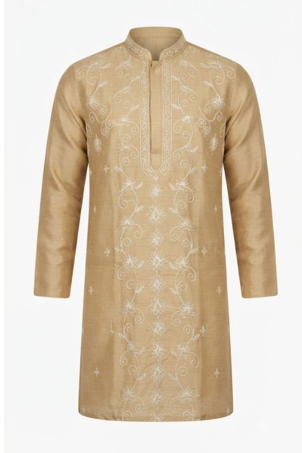 Men's Beige Floral Embroidered Kurta with Trousers – Full Sleeve Traditional Ethnic Set with Mandarin Collar