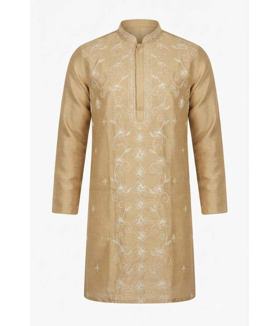 Men's Beige Floral Embroidered Kurta with Trousers – Full Sleeve Traditional Ethnic Set with Mandarin Collar - Image 2
