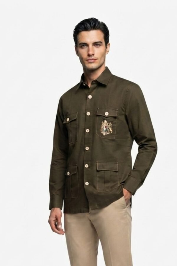 Men's Olive Green Solid Utility Overshirt with Embroidered Pocket Detail, Full Sleeves & Classic Collar