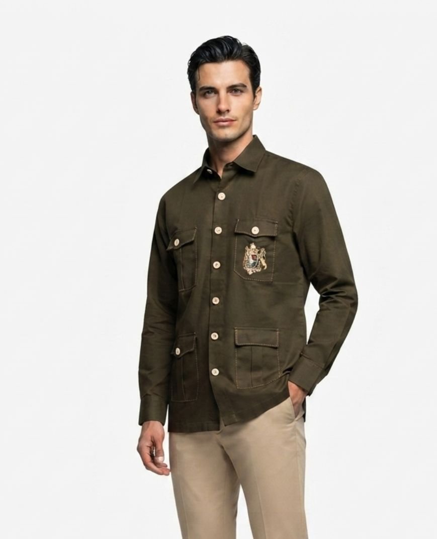 Men's Olive Green Solid Utility Overshirt with Embroidered Pocket Detail, Full Sleeves & Classic Collar
