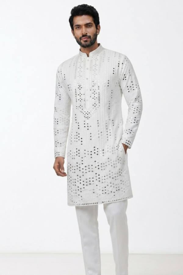 Men's White Embroidered Kurta with Trousers – Full Sleeve Ethnic Set with Mandarin Collar