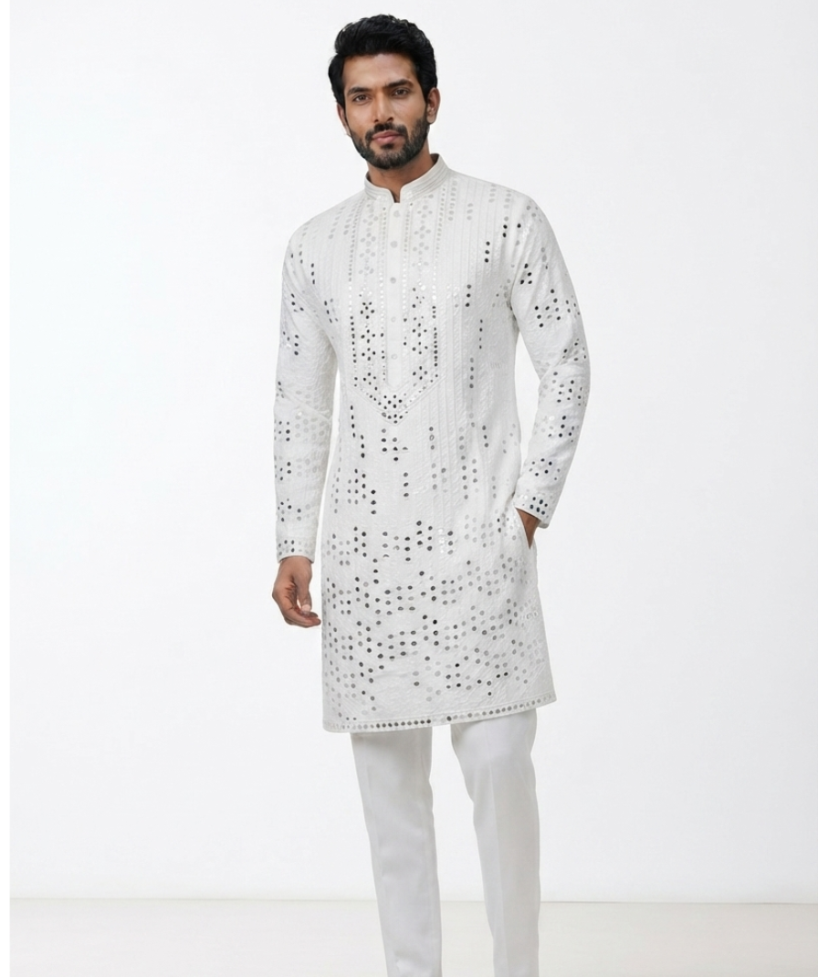 Men's White Embroidered Kurta with Trousers – Full Sleeve Ethnic Set with Mandarin Collar