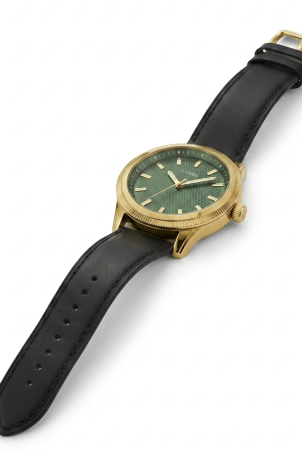 GUESS Gold-Tone Green Geometric Dial Analog Watch with Black Strap