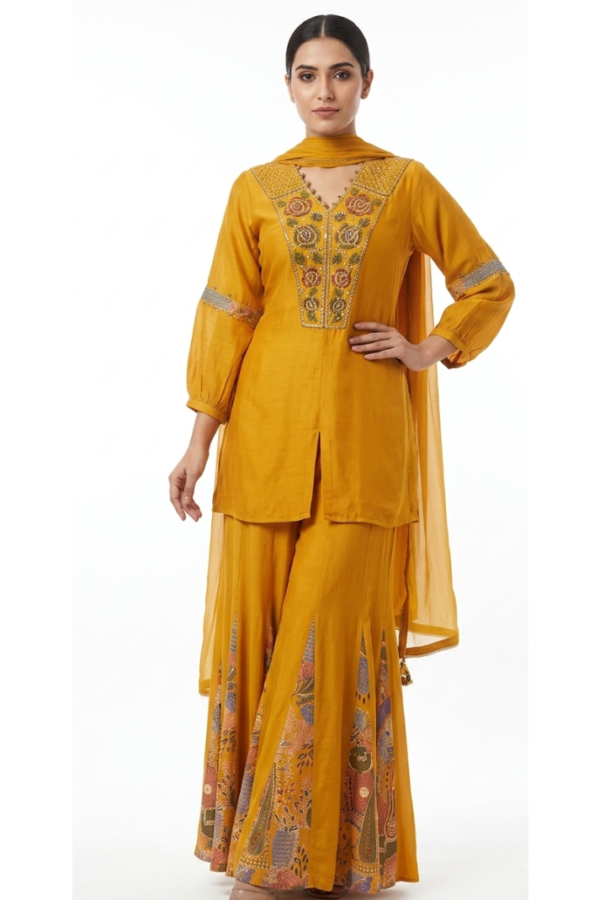 Mustard Yellow Embroidered Kurta Set with Printed Palazzo Pants, Long Sleeves & Matching Dupatta