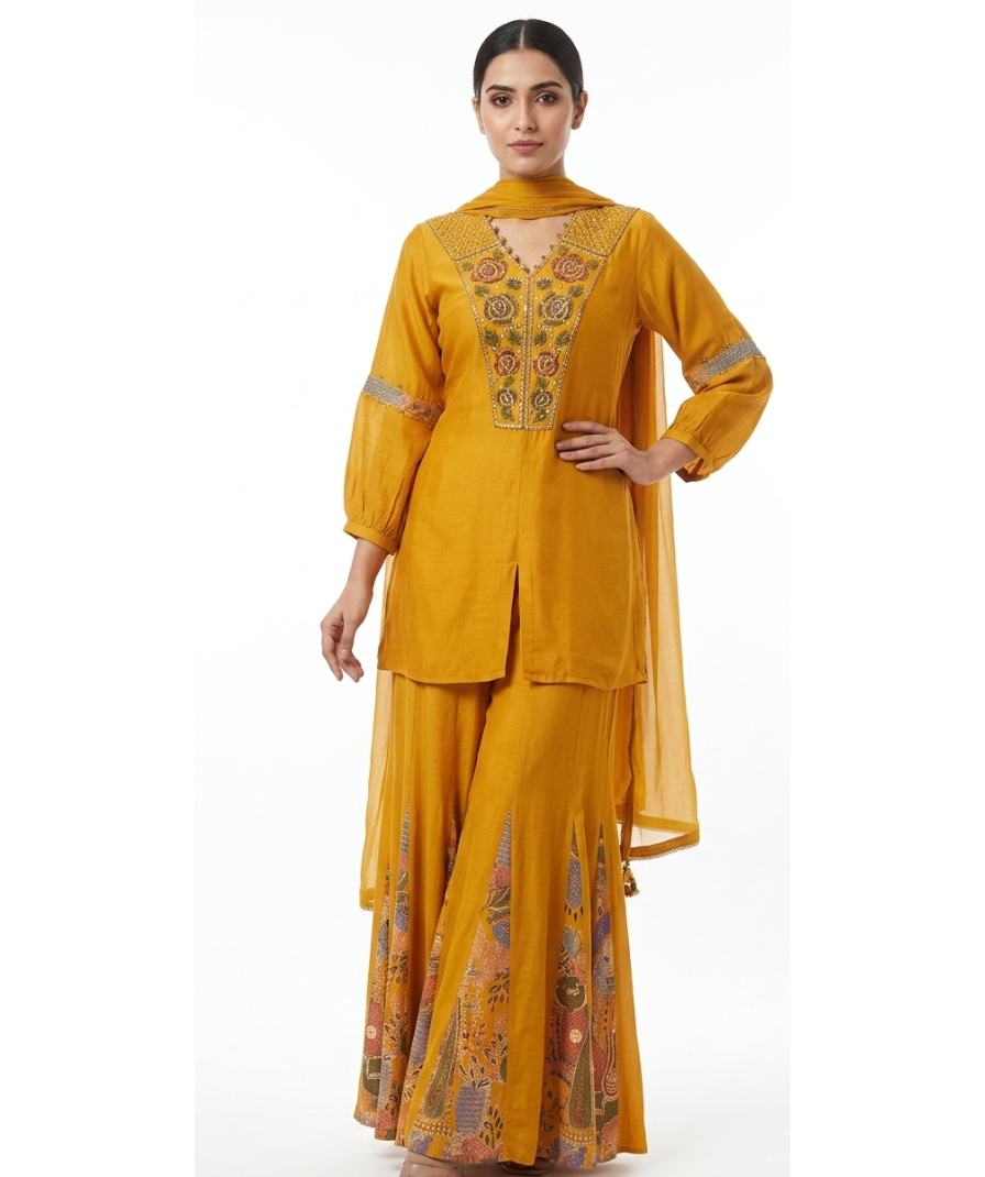 Mustard Yellow Embroidered Kurta Set with Printed Palazzo Pants, Long Sleeves & Matching Dupatta