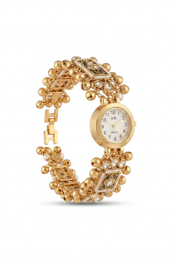 Gold-Tone Ornamental Bracelet Watch with Pearl-Like Border and Decorative Bead Detailing