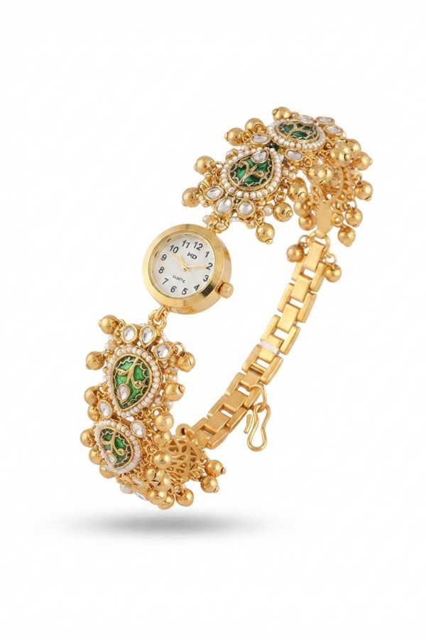 Gold-Tone Green Paisley Motif Embellished Bracelet Watch with Pearl-Like Detailing and Decorative Beads