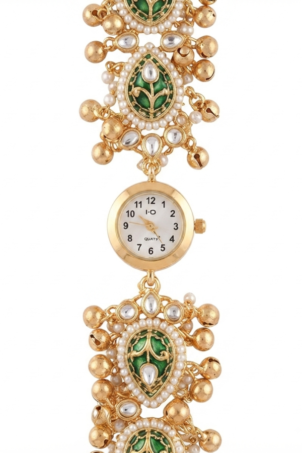 Gold-Tone Green Leaf Pattern Decorative Pendant Watch with Pearl Detailing and Hanging Charms