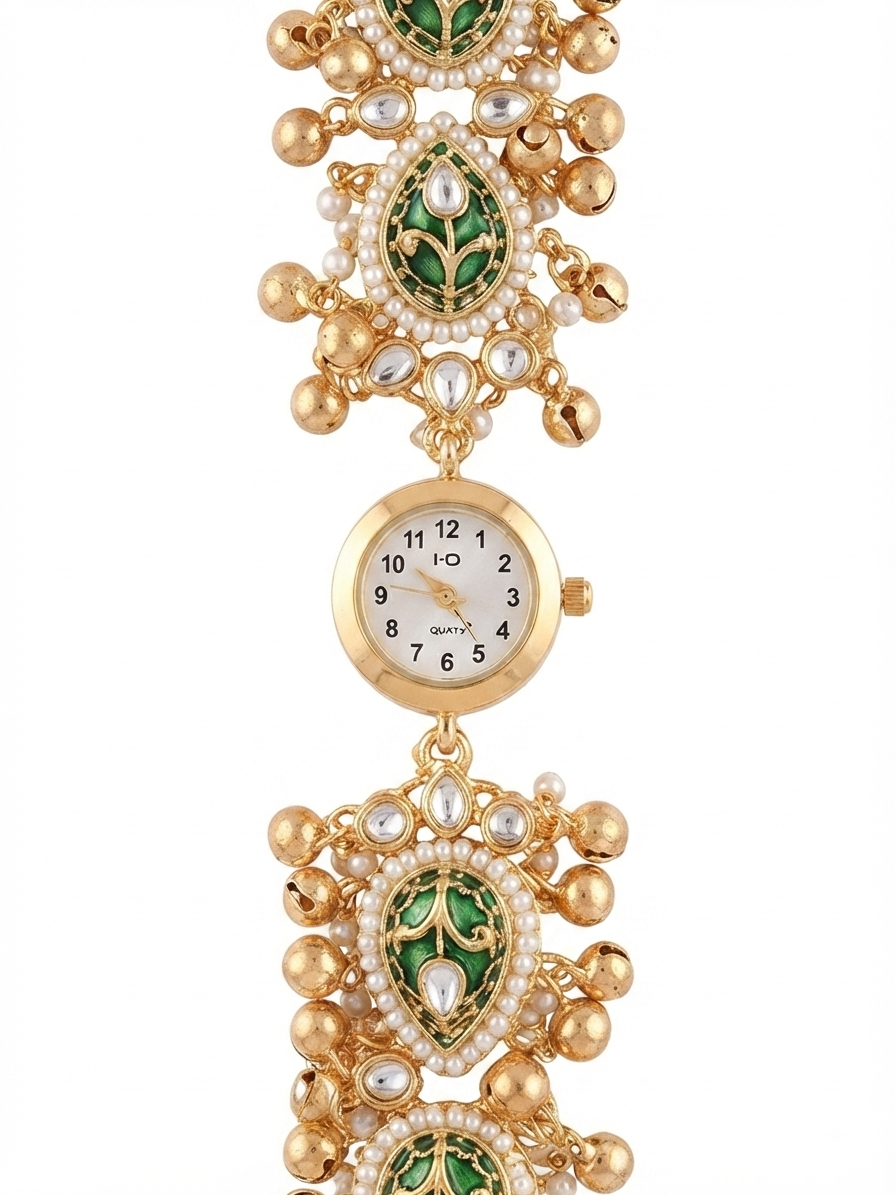 Gold-Tone Green Leaf Pattern Decorative Pendant Watch with Pearl Detailing and Hanging Charms
