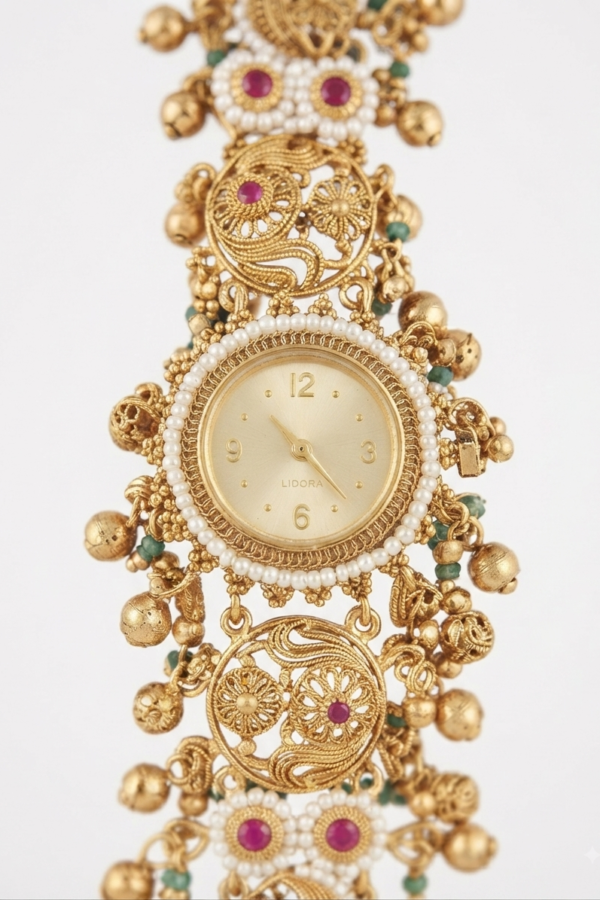 Gold-Tone Ornamental Bracelet Watch with Pearl-Like Detailing, Pink Accents and Green Beads