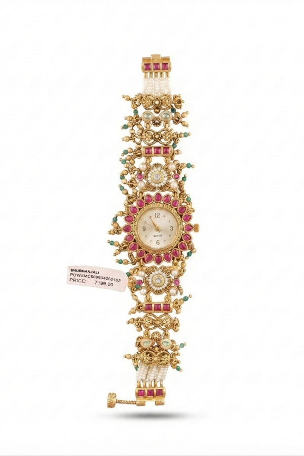 Gold-Tone Floral Embellished Bracelet Watch with Pink and Green Stone Detailing