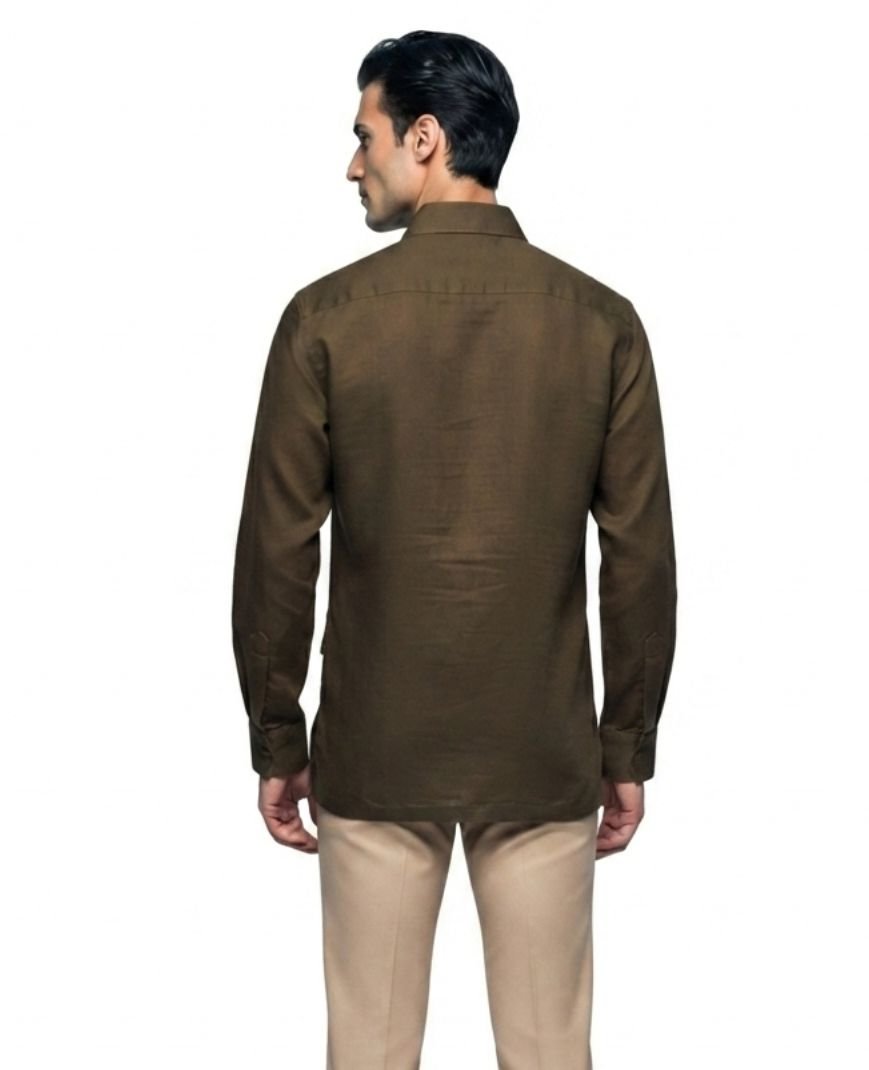 Men's Olive Green Solid Utility Overshirt with Embroidered Pocket Detail, Full Sleeves & Classic Collar - Image 5