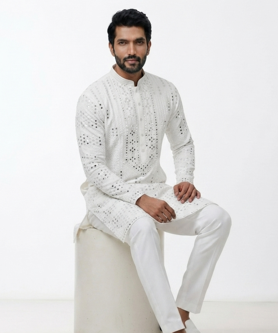Men's White Embroidered Kurta with Trousers – Full Sleeve Ethnic Set with Mandarin Collar - Image 3