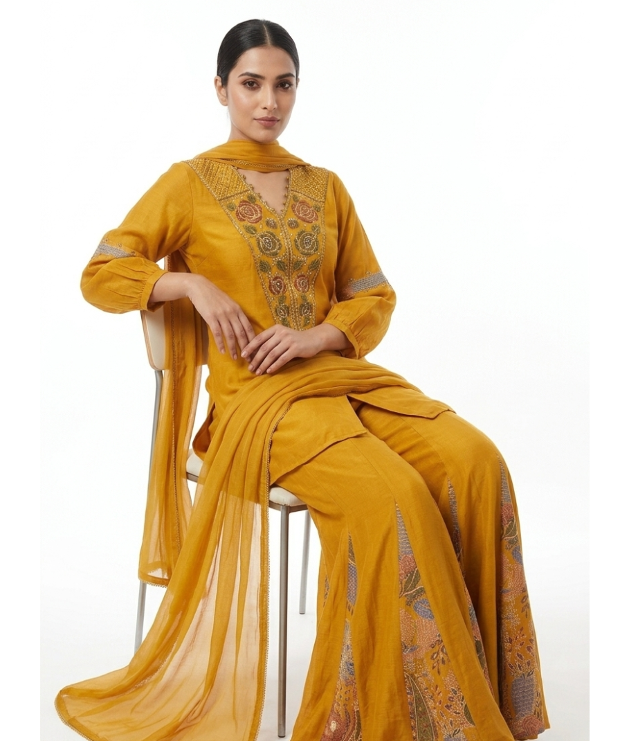 Mustard Yellow Embroidered Kurta Set with Printed Palazzo Pants, Long Sleeves & Matching Dupatta - Image 2