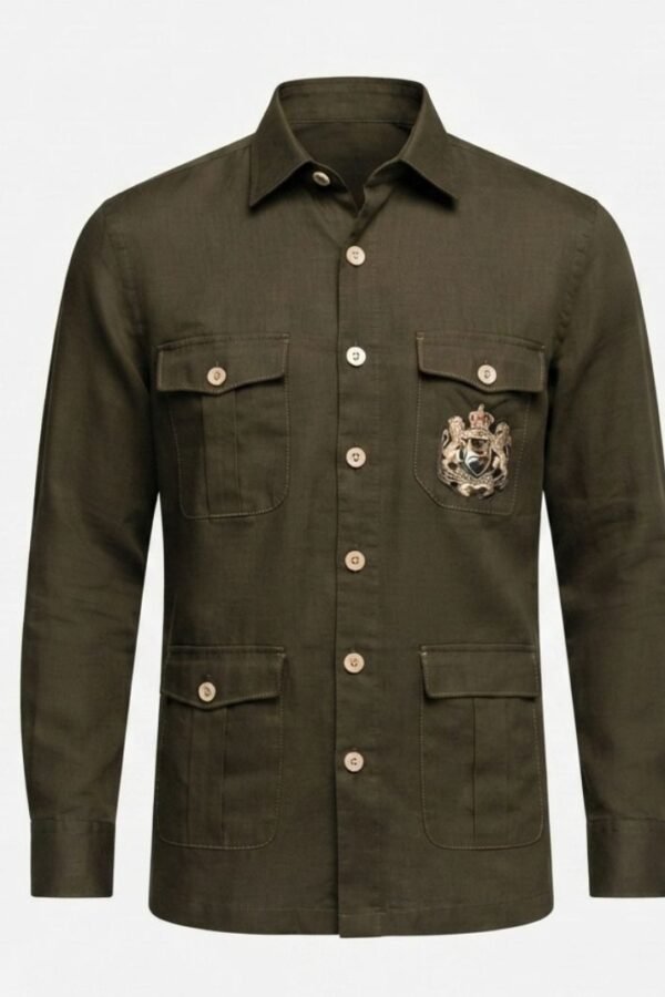Men's Olive Green Solid Utility Overshirt with Embroidered Pocket Detail, Full Sleeves & Classic Collar