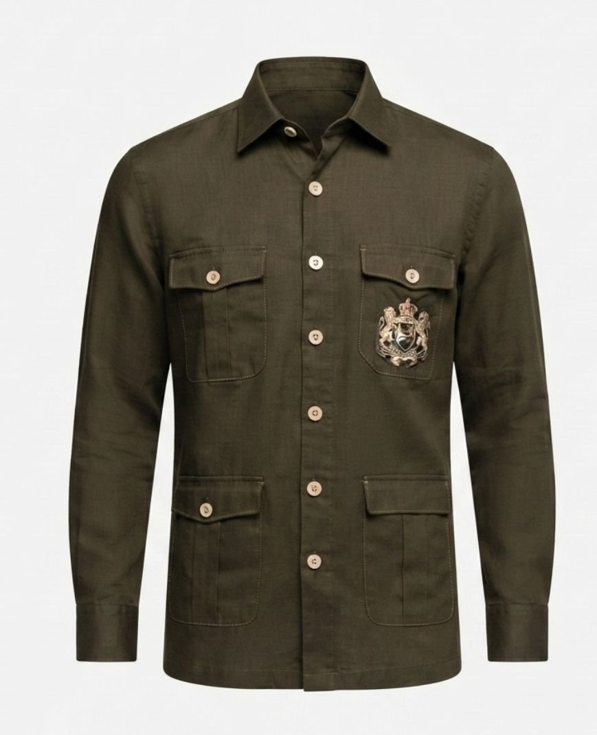 Men's Olive Green Solid Utility Overshirt with Embroidered Pocket Detail, Full Sleeves & Classic Collar - Image 2