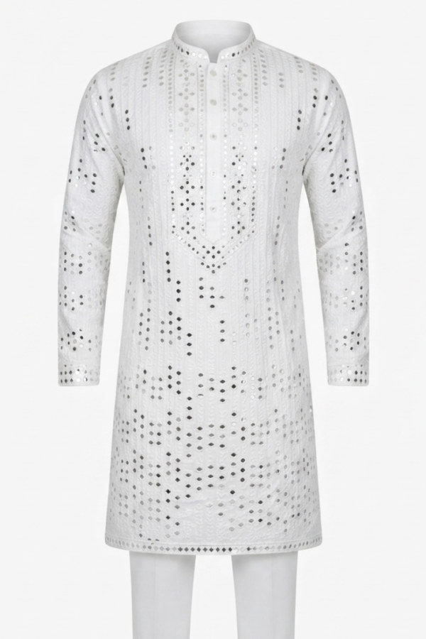 Men's White Embroidered Kurta with Trousers – Full Sleeve Ethnic Set with Mandarin Collar