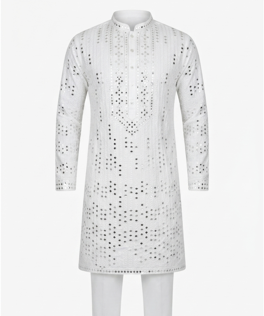 Men's White Embroidered Kurta with Trousers – Full Sleeve Ethnic Set with Mandarin Collar - Image 2