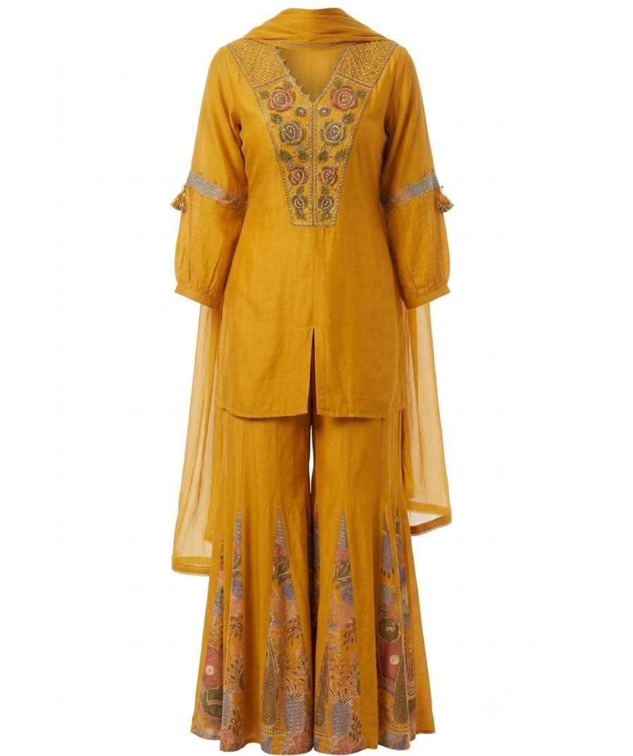 Mustard Yellow Embroidered Kurta Set with Printed Palazzo Pants, Long Sleeves & Matching Dupatta - Image 3