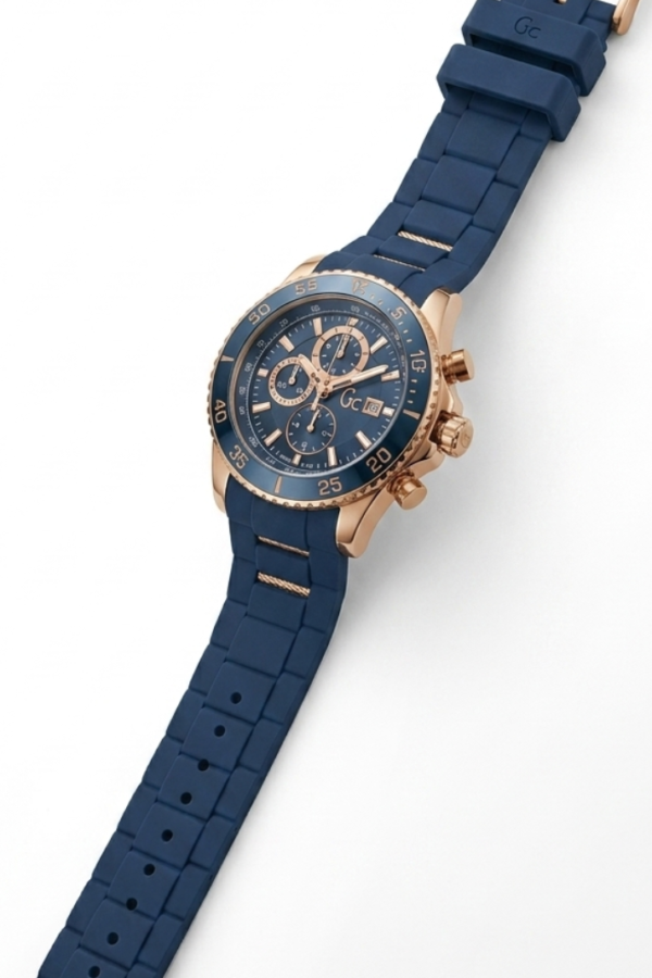 GC Blue Chronograph-Style Analog Watch with Rose Gold-Tone Case and Blue Strap