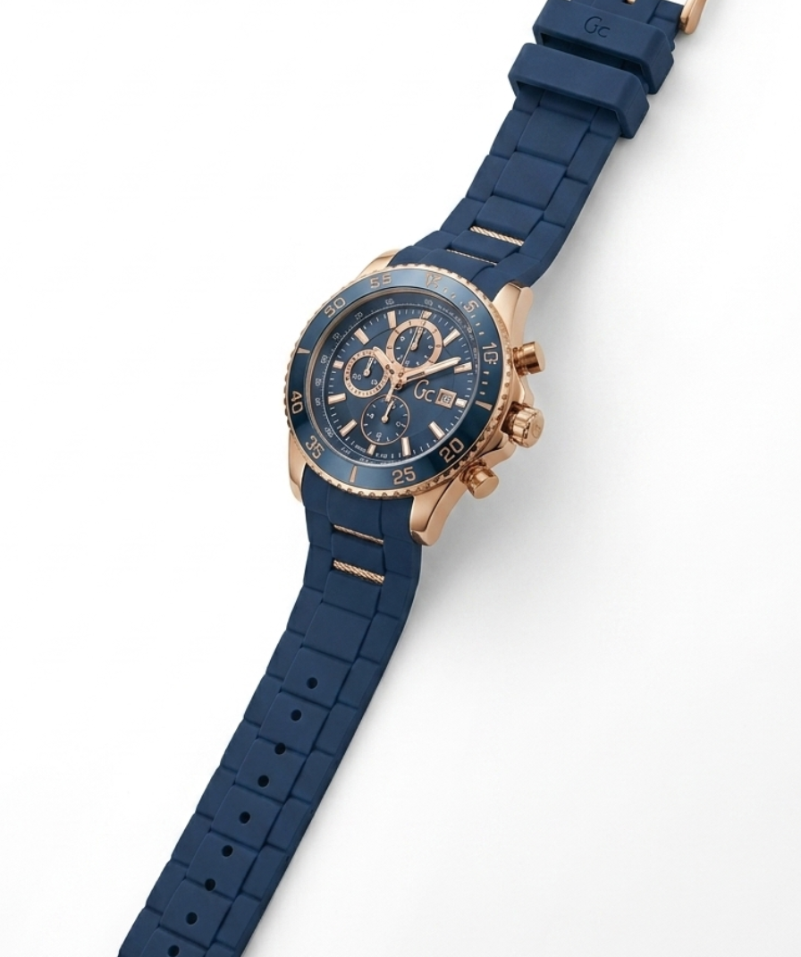 GC Blue Chronograph-Style Analog Watch with Rose Gold-Tone Case and Blue Strap