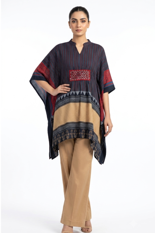 Navy Blue Printed Kurta Set with Striped Pattern, 3/4 Sleeves & Straight-Leg Pants