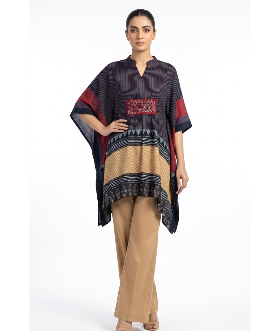 Navy Blue Printed Kurta Set with Striped Pattern, 3/4 Sleeves & Straight-Leg Pants