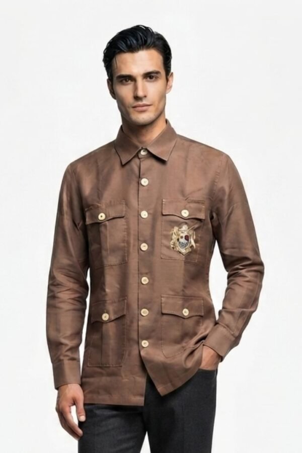 Men's Taupe Brown Solid Utility Overshirt with Embroidered Pocket Detail, Full Sleeves & Classic Collar