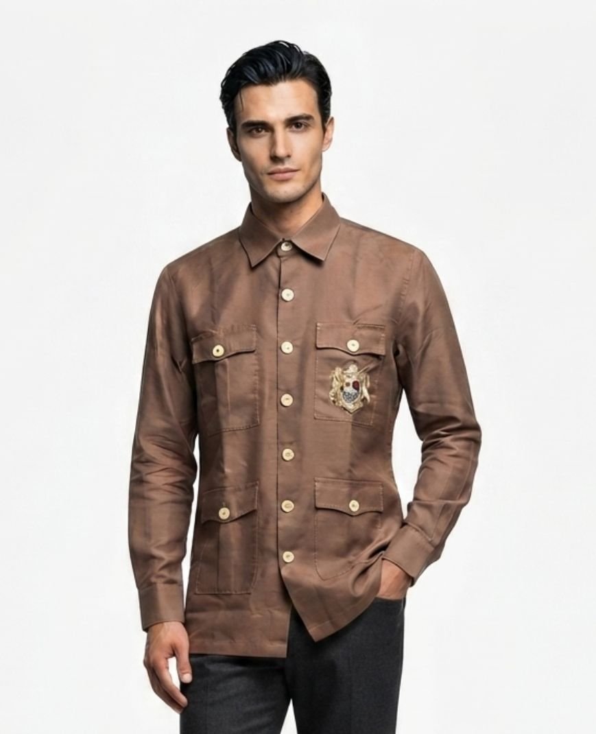 Men's Taupe Brown Solid Utility Overshirt with Embroidered Pocket Detail, Full Sleeves & Classic Collar
